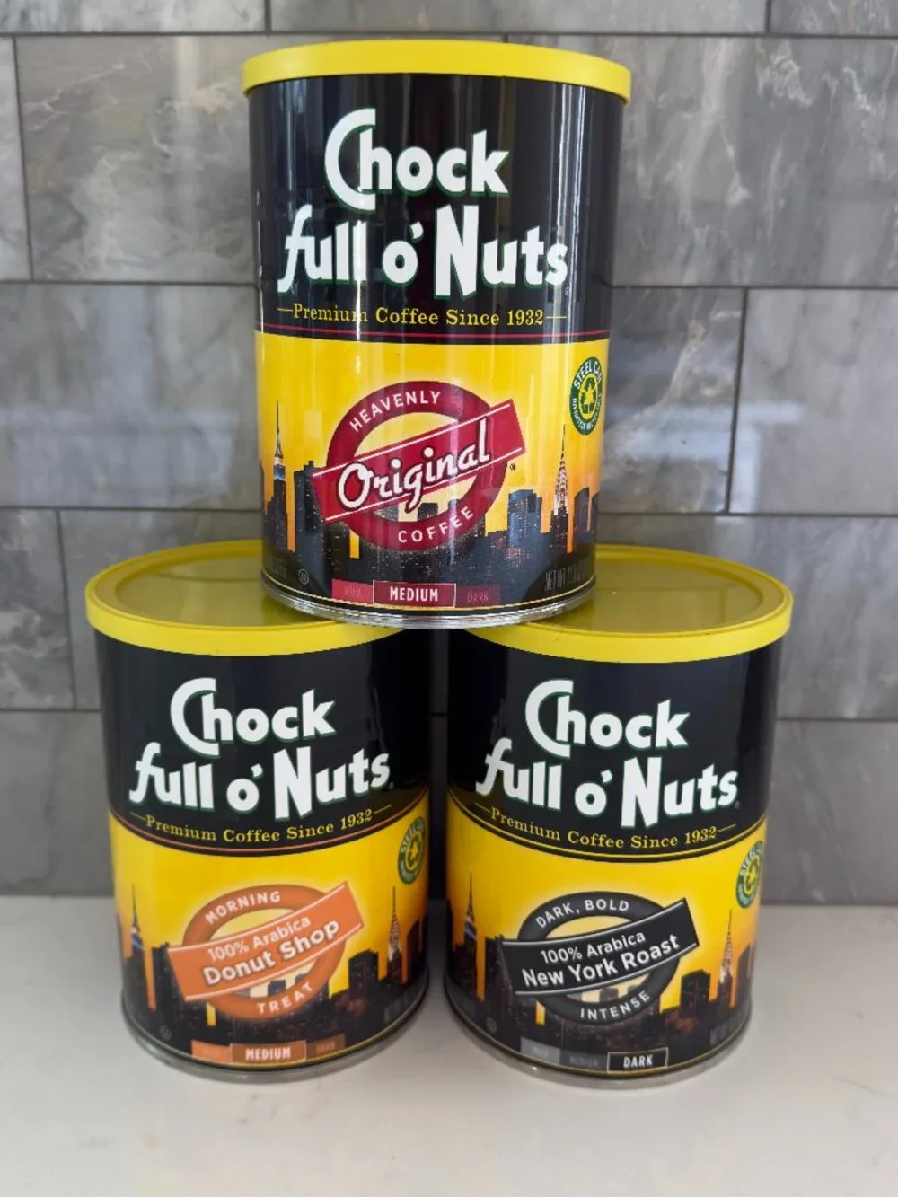 Set of 3 Empty Chock Full o' Nuts 10.2-11.3oz Tins NYC Skyline Storage Steel Can